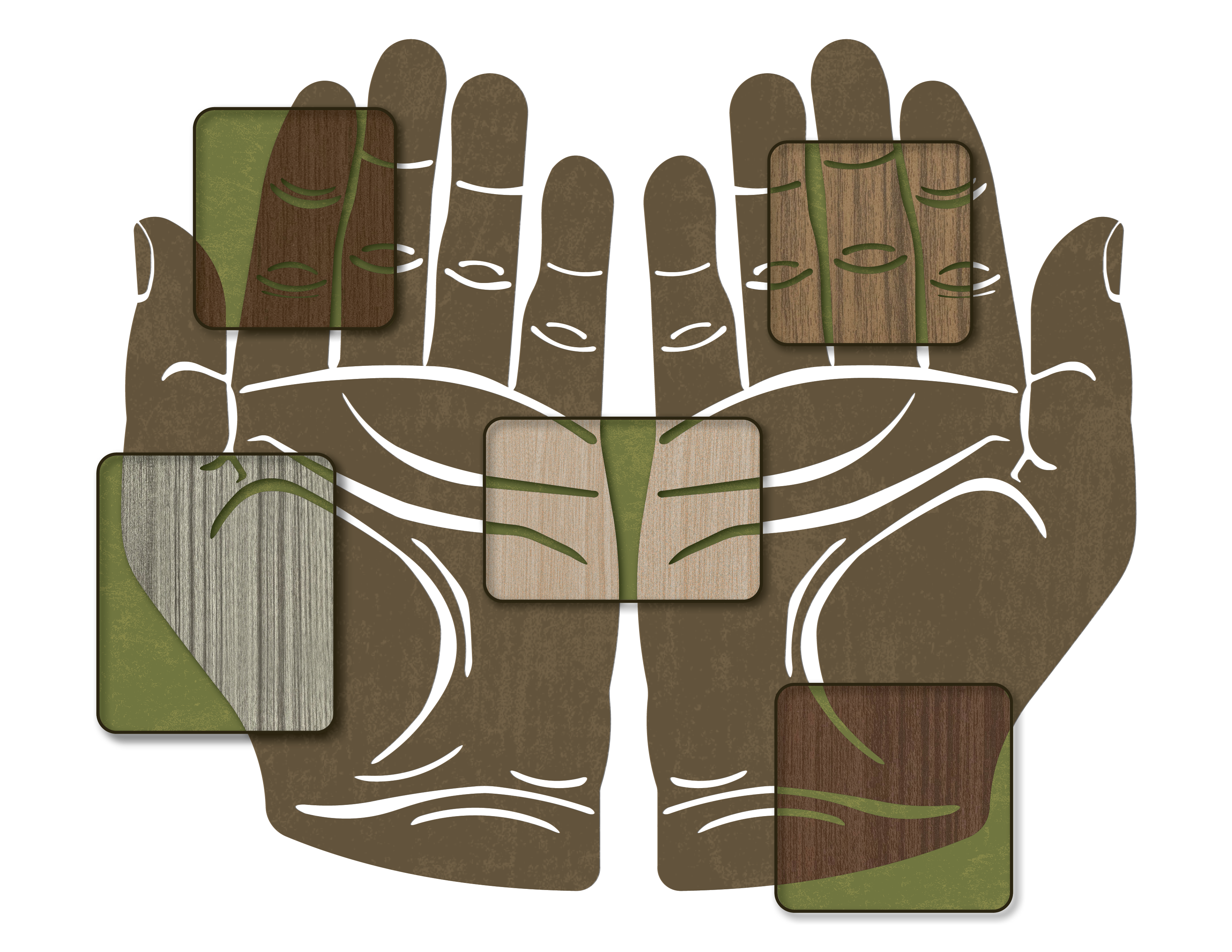 Two open hands holding five Woodgrain Series finish samples